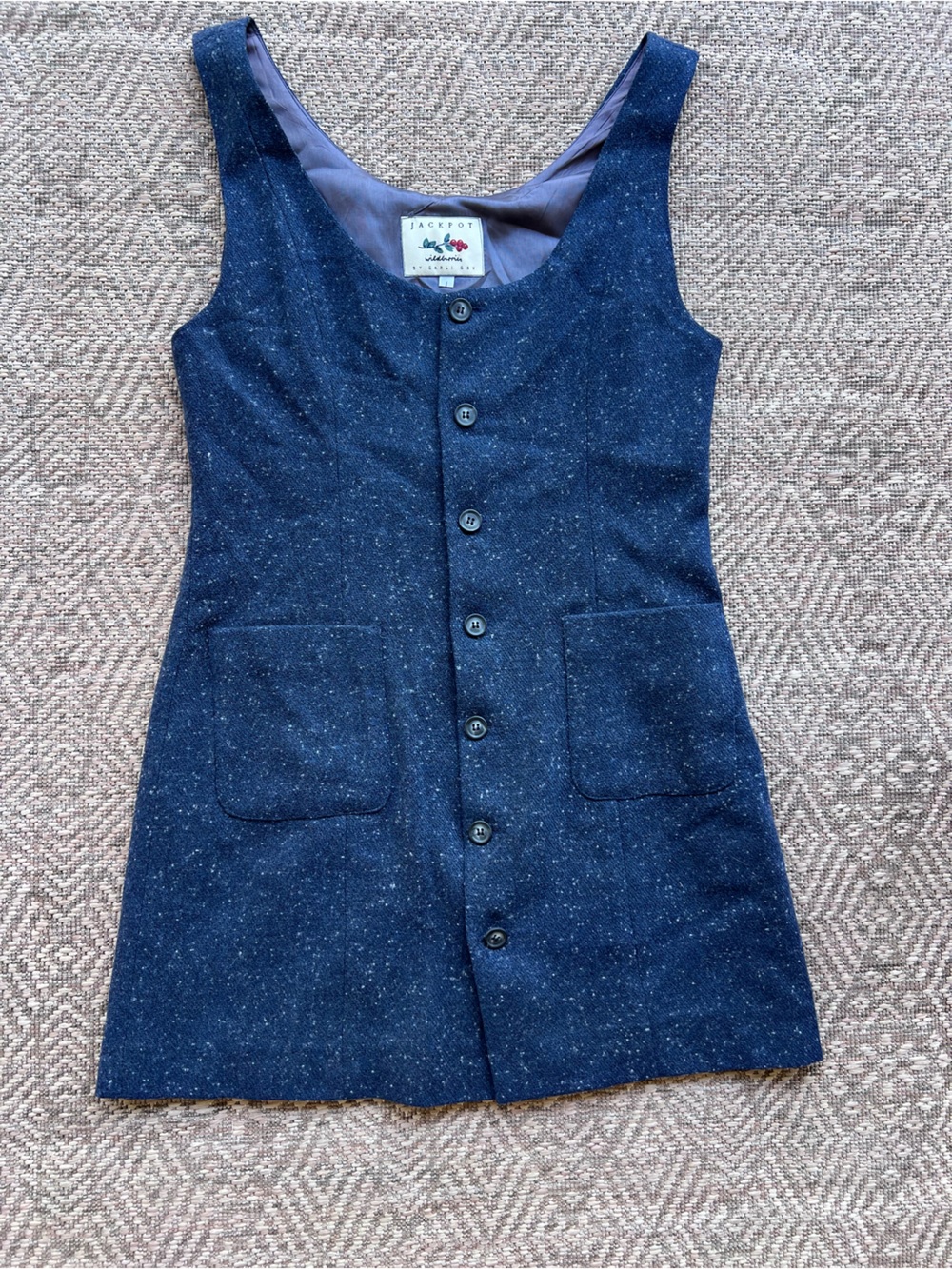 Jackpot by Carli Gry Size 1 Navy Wool Tweed Pinafore Dress Button Front Jumper